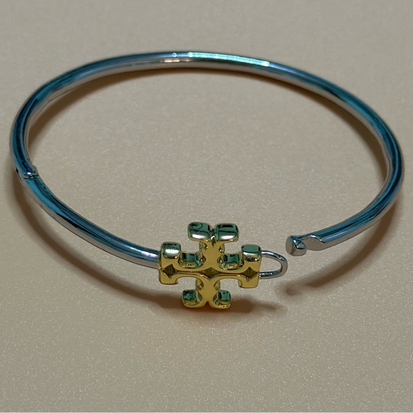 Tory Burch silver/ gold Eleanor Logo Hinged cuff bracelet - Picture 5 of 7